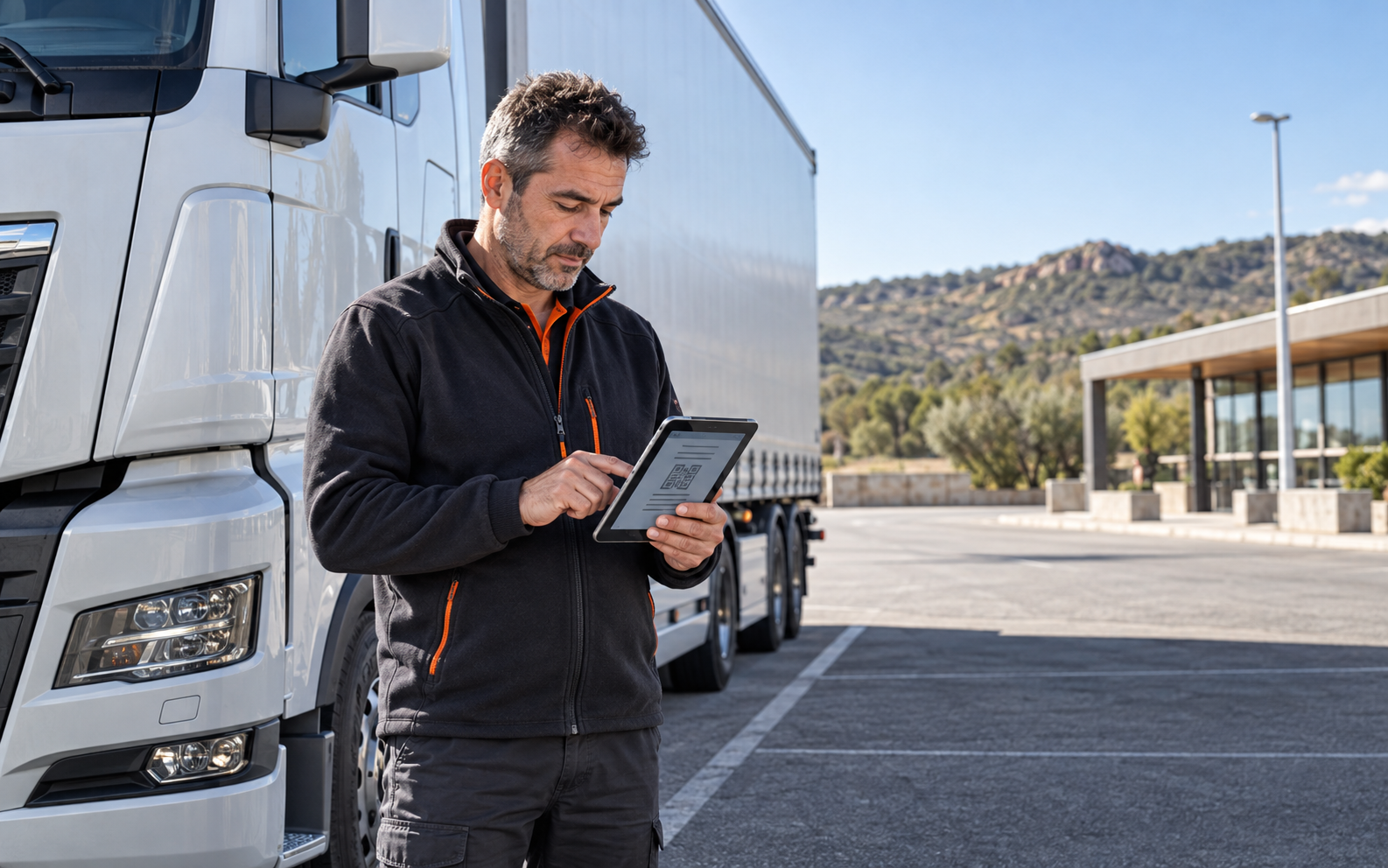 Motorista consulta o DeCA num dispositivo móvel junto a um veículo de transporte rodoviário em Espanha.